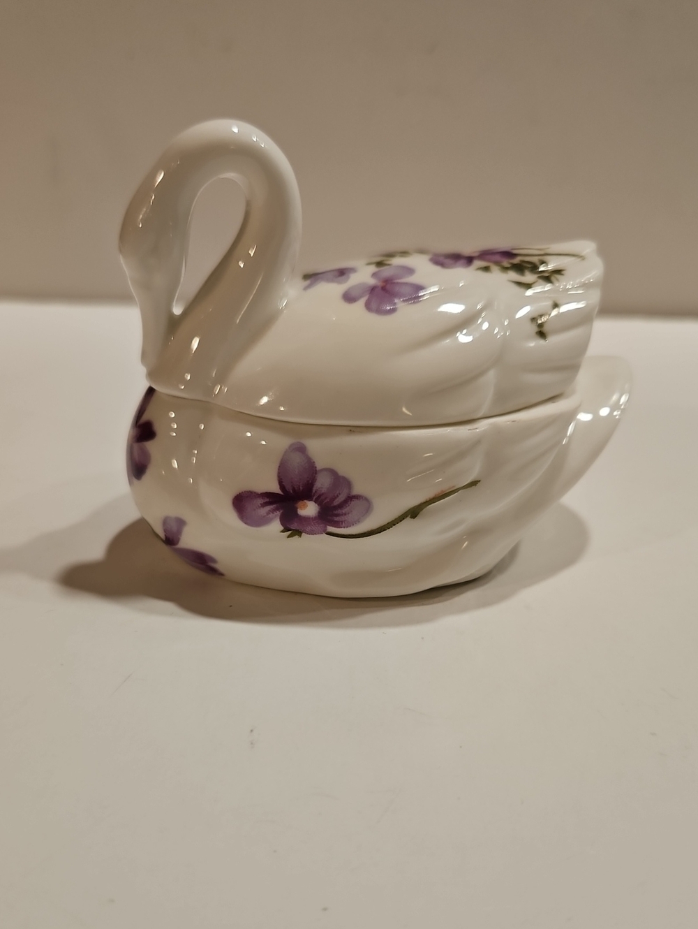 Fine Bone China Swan Trinket Box with Purple Floral Accents Hand Painted